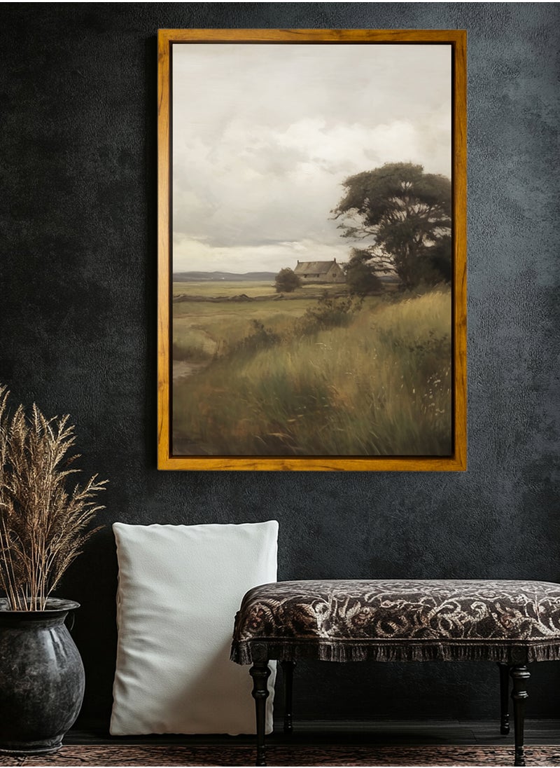 LOWHA Canvas Wall Art Stretched Over Wooden Frame with Wooden Color Floating Frame and Vintage Style Rural Scenery Painting  - Image 1