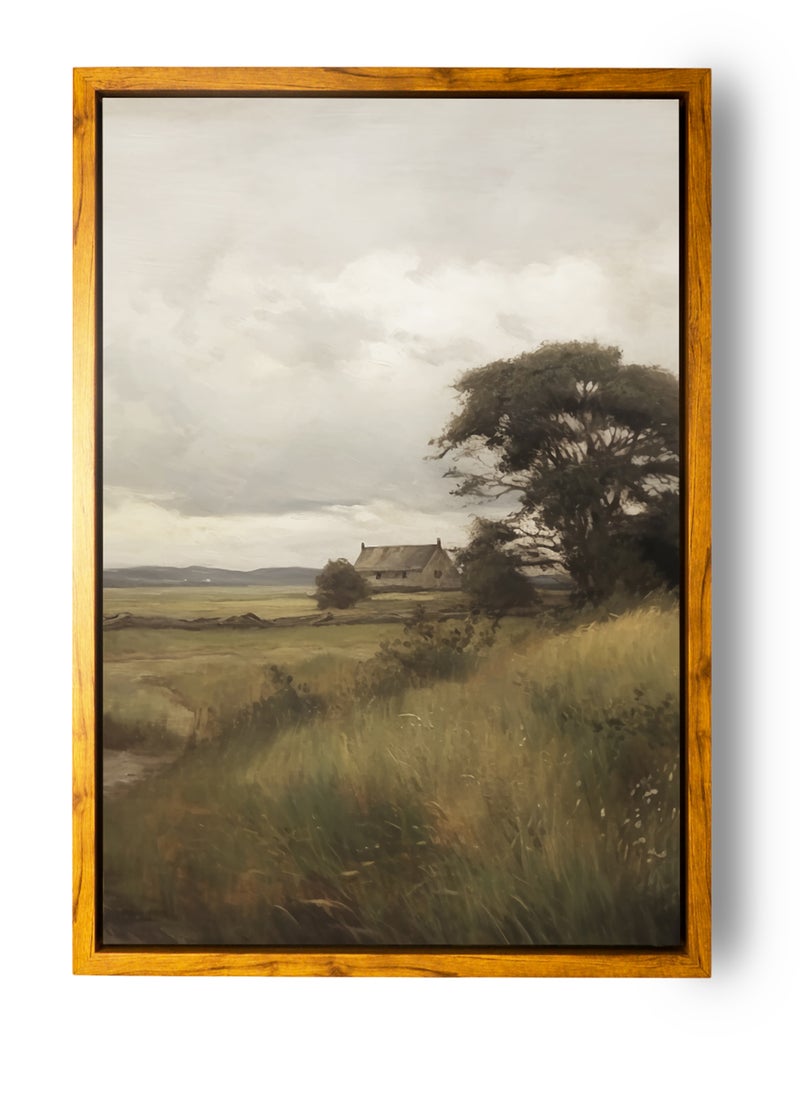 LOWHA Canvas Wall Art Stretched Over Wooden Frame with Wooden Color Floating Frame and Vintage Style Rural Scenery Painting  - Image 5