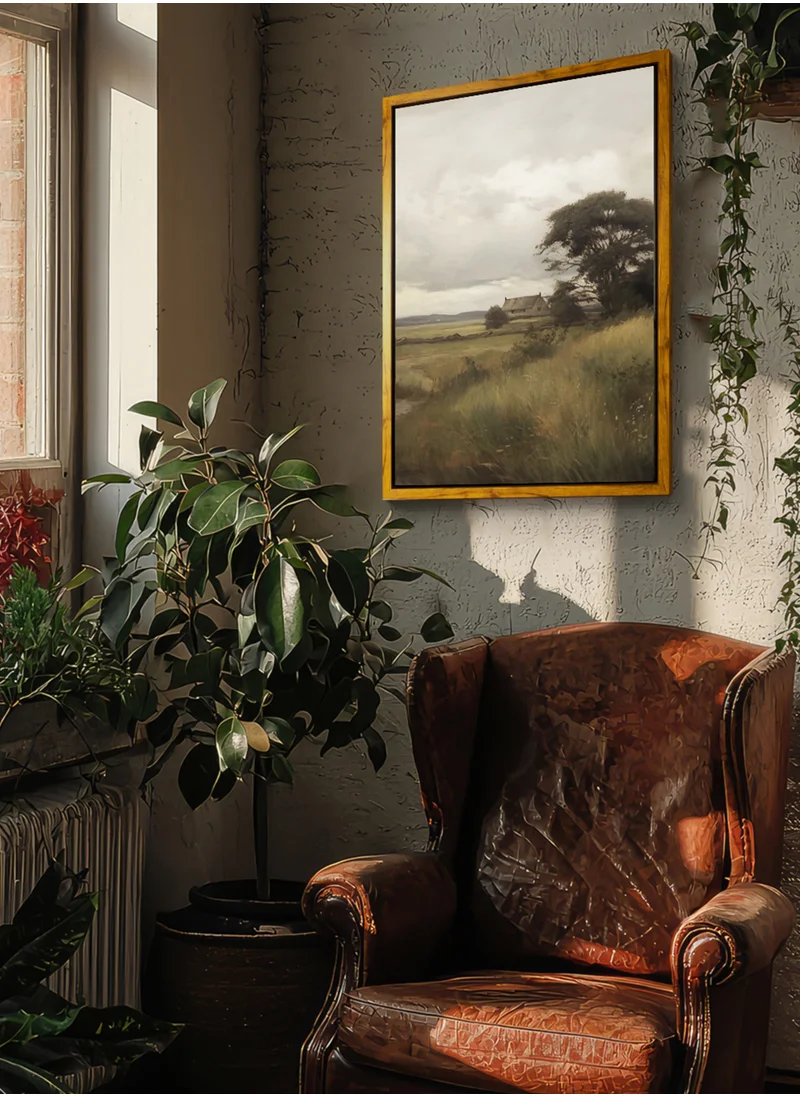 LOWHA Canvas Wall Art Stretched Over Wooden Frame with Wooden Color Floating Frame and Vintage Style Rural Scenery Painting
