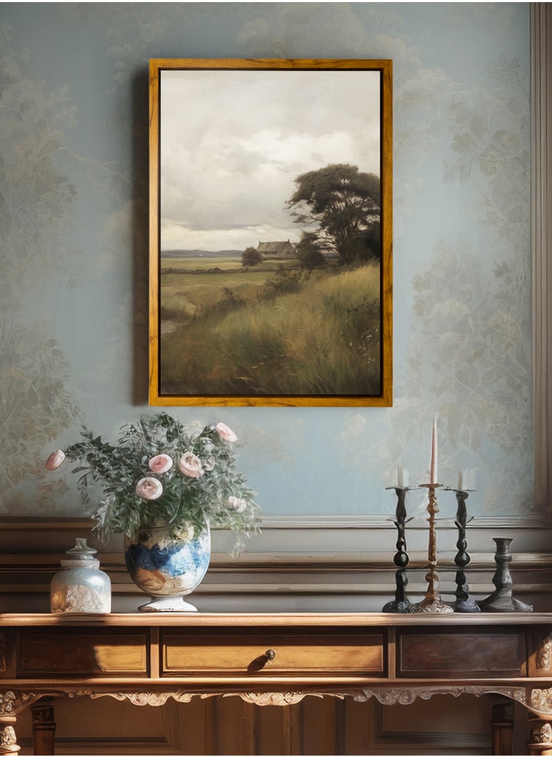 LOWHA Canvas Wall Art Stretched Over Wooden Frame with Wooden Color Floating Frame and Vintage Style Rural Scenery Painting  - Image 4