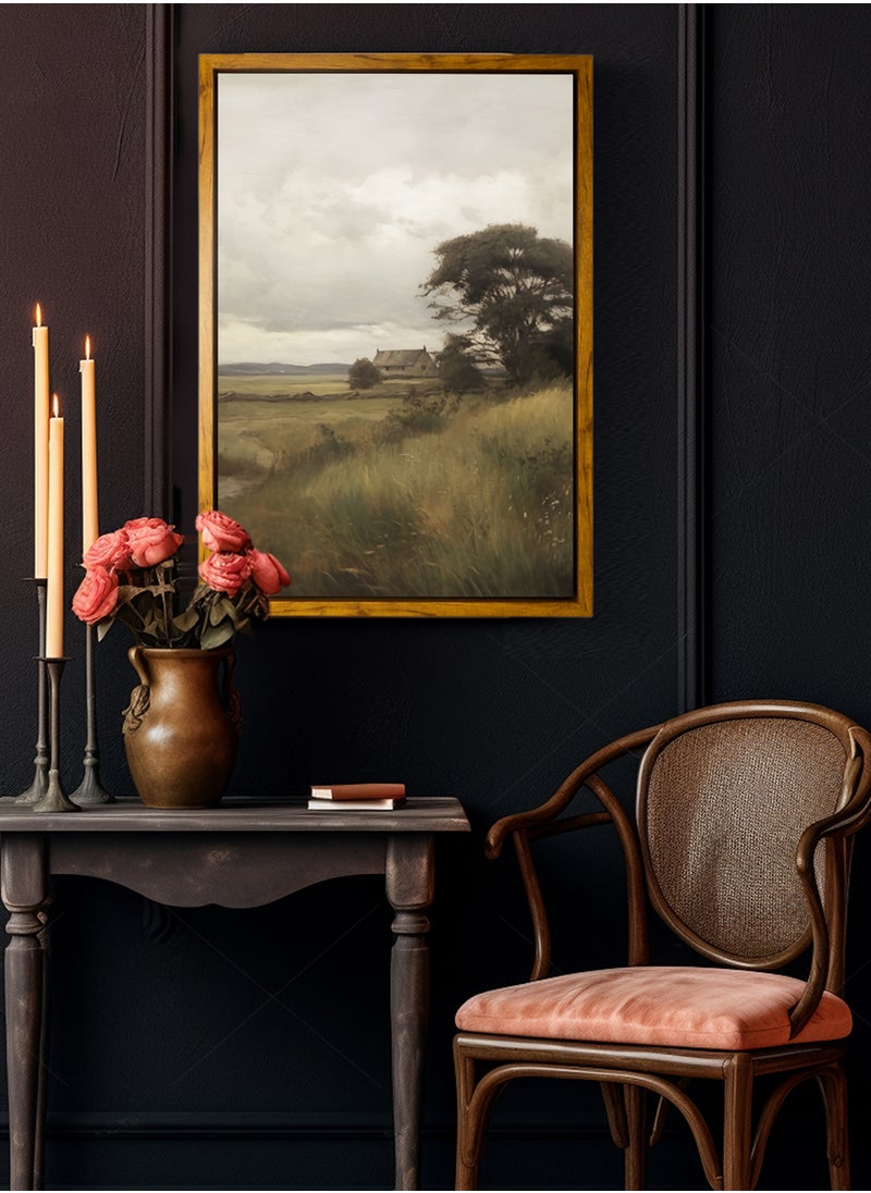 LOWHA Canvas Wall Art Stretched Over Wooden Frame with Wooden Color Floating Frame and Vintage Style Rural Scenery Painting  - Image 3