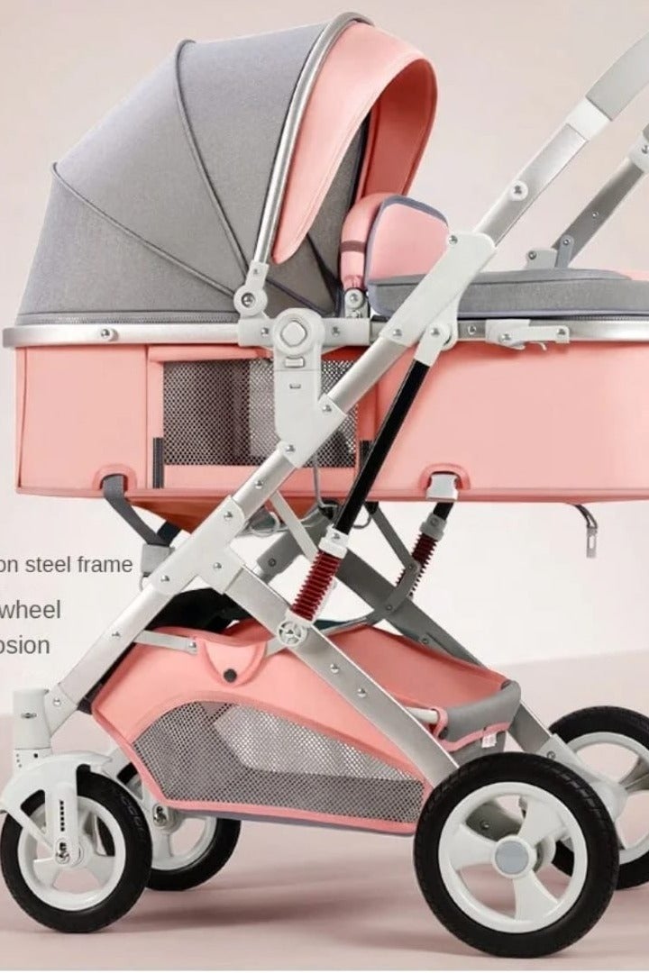 عربة أطفال بأربع عجلات، عربة أطفال خفيفة الوزن قابلة للطي، يمكن الجلوس والاستلقاء عليها، مقعد دوار في اتجاهين