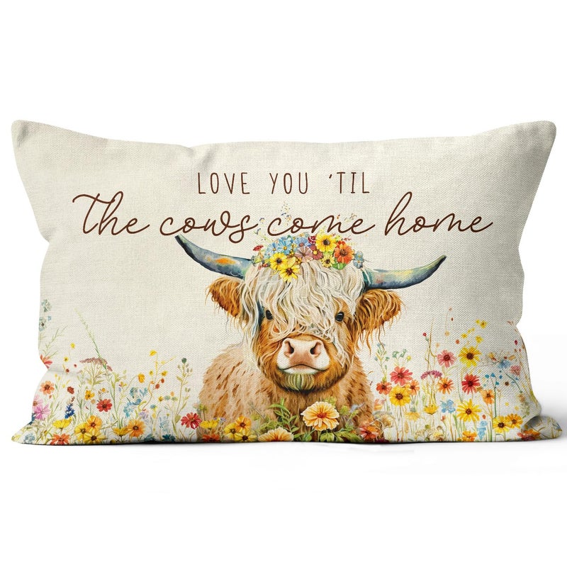 Palasarkaaa Highland Cow Wildflowers Farmhouse Valentine Decorative Pillows Covers 12x20 Inch for Home Decor, Love You Till The Cows Come Home Pillowcase Bedroom Living Room Sofa Themed Decor - Image 1