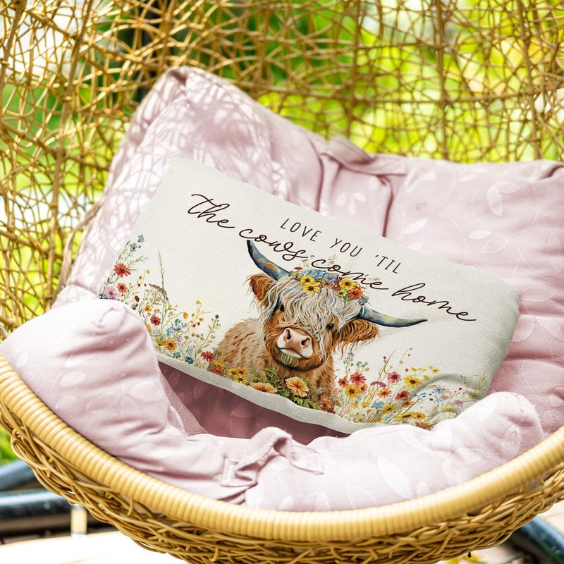 Palasarkaaa Highland Cow Wildflowers Farmhouse Valentine Decorative Pillows Covers 12x20 Inch for Home Decor, Love You Till The Cows Come Home Pillowcase Bedroom Living Room Sofa Themed Decor - Image 4