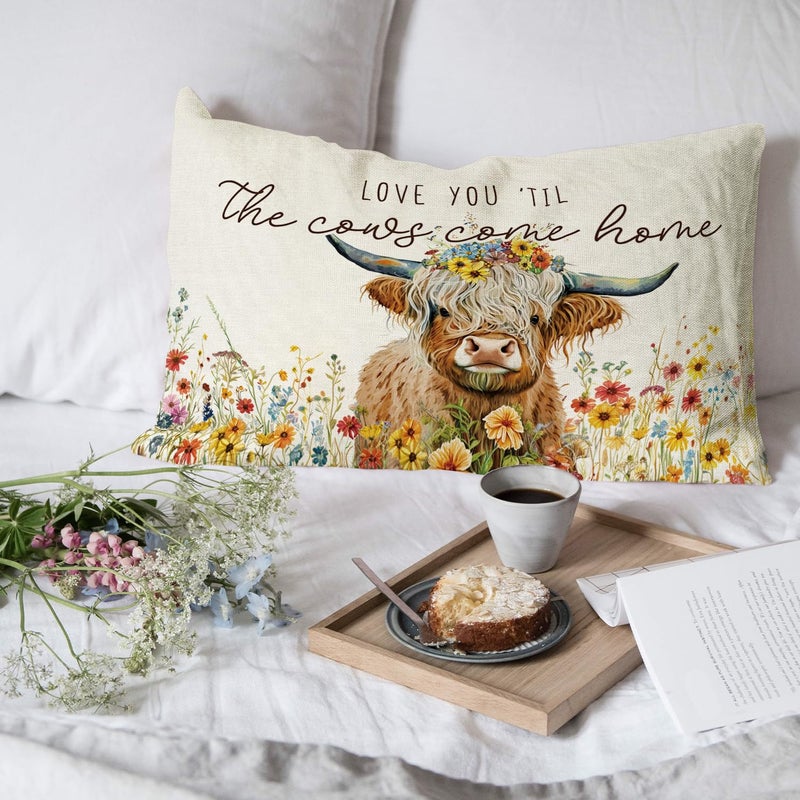 Palasarkaaa Highland Cow Wildflowers Farmhouse Valentine Decorative Pillows Covers 12x20 Inch for Home Decor, Love You Till The Cows Come Home Pillowcase Bedroom Living Room Sofa Themed Decor - Image 3