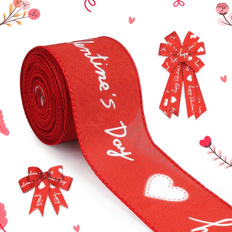 ALIBBON 2.5" 10 Yd Classic Red Heart Valentines Wired Ribbon for Decorating, Gifts, DIY Crafts - Image 1