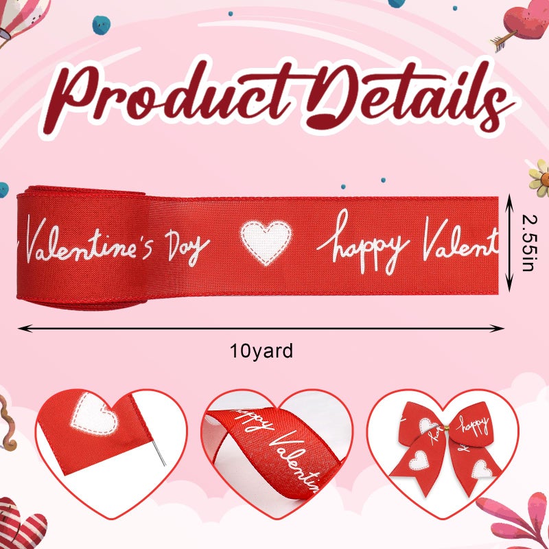 ALIBBON 2.5" 10 Yd Classic Red Heart Valentines Wired Ribbon for Decorating, Gifts, DIY Crafts - Image 2
