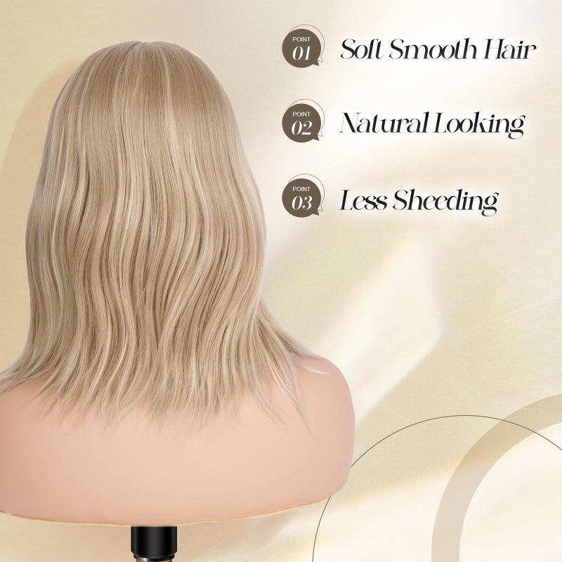 FESHFEN Shoulder Length Wigs with Bangs - Dirty Blonde Natural Looking Wavy Medium Length Synthetic Hair Bob Wig for Women Daily Party Use, 14 inch - Image 4