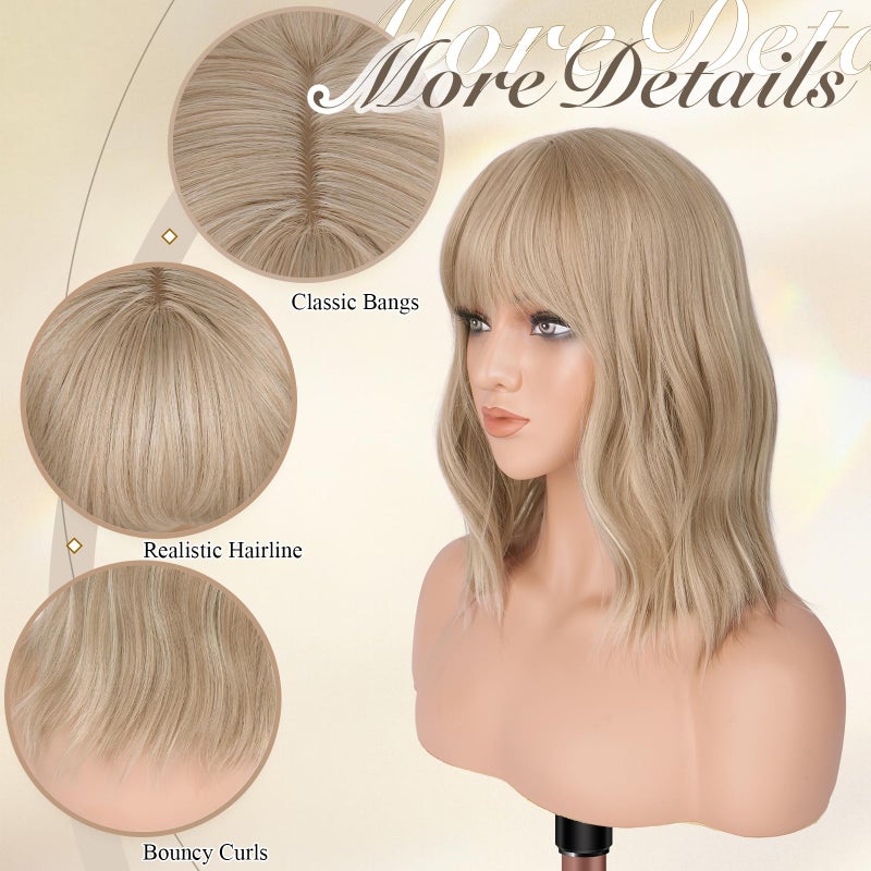 FESHFEN Shoulder Length Wigs with Bangs - Dirty Blonde Natural Looking Wavy Medium Length Synthetic Hair Bob Wig for Women Daily Party Use, 14 inch - Image 3