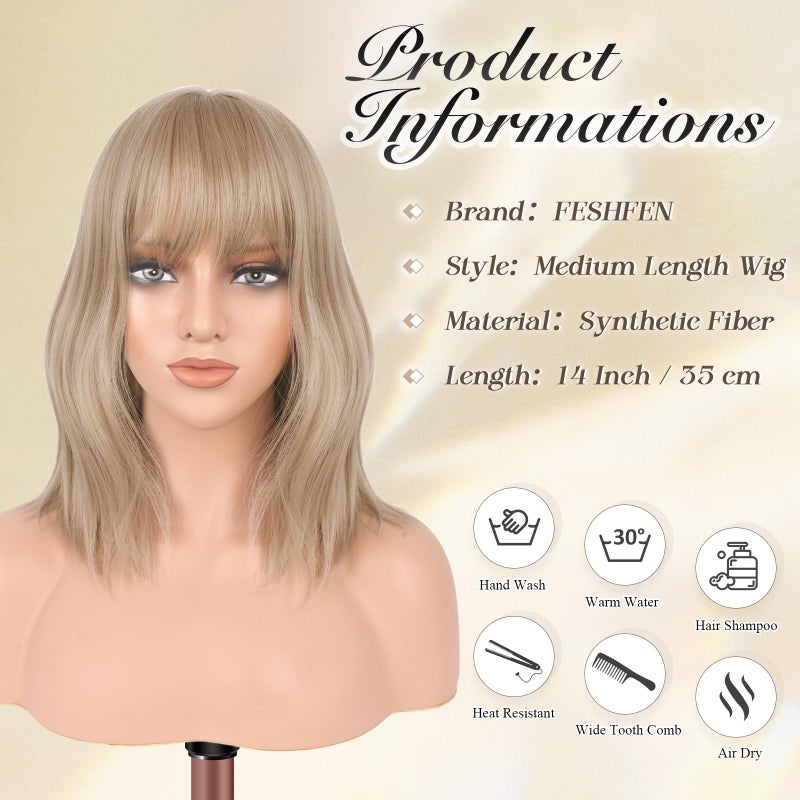 FESHFEN Shoulder Length Wigs with Bangs - Dirty Blonde Natural Looking Wavy Medium Length Synthetic Hair Bob Wig for Women Daily Party Use, 14 inch - Image 5