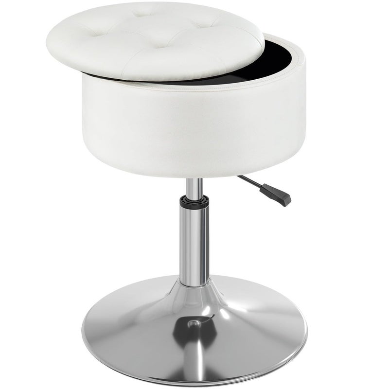GREENSTELL Vanity Stool with Storage 19 to 23 Height Adjustable PU Leather Vanity Chair 360 Swivel Makeup Stool with Removeable Tray Modern Ottoman for Bedroom Bathroom White