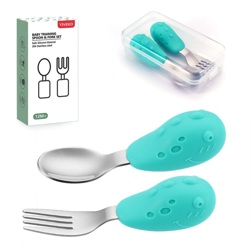 YIVEKO Baby Fork and Spoon Set with Carry Case Baby Training Utensils Self Feeding Toddler Silverware Silicone and Stainless Steel Kids and Toddler Utensil SetBees