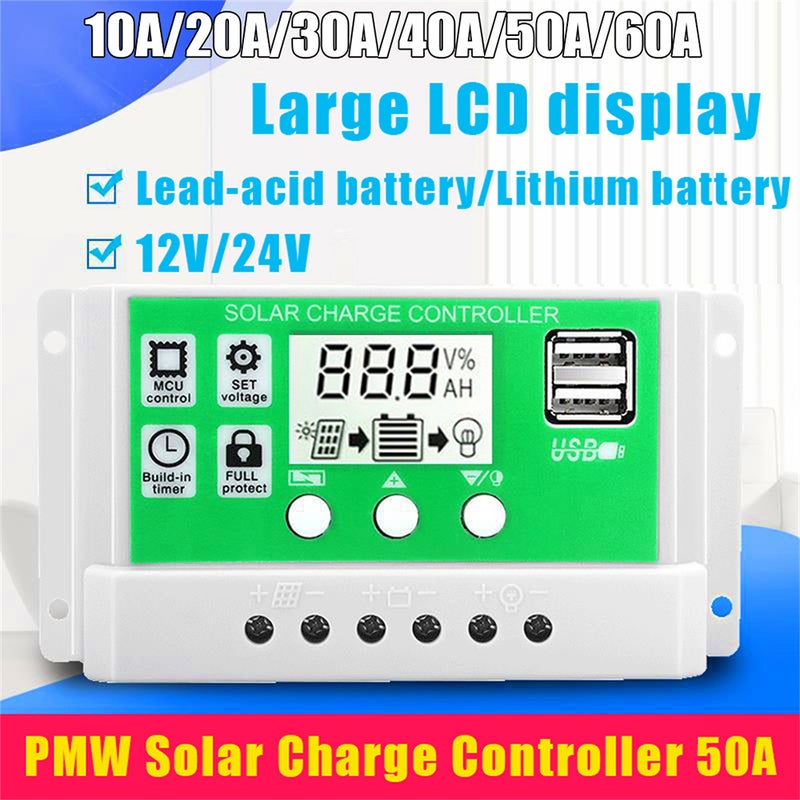 60A Solar Charger Controller 12V/24V Auto PWM Controllers LCD Display Dual USB 5V Output Controller - Image 3