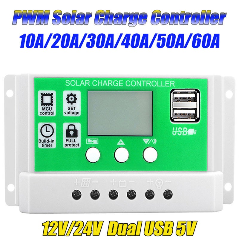 60A Solar Charger Controller 12V/24V Auto PWM Controllers LCD Display Dual USB 5V Output Controller - Image 2