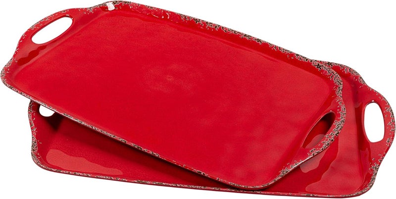 ZAROCRUS Christmas Large Melamine Serving Tray with Handle Crackled Rustic Rectangle Melamine Serving Platter for Serving Food Coffee Table Tray Entertaining  Party Use Set of 2 Christmas Red - Image 2