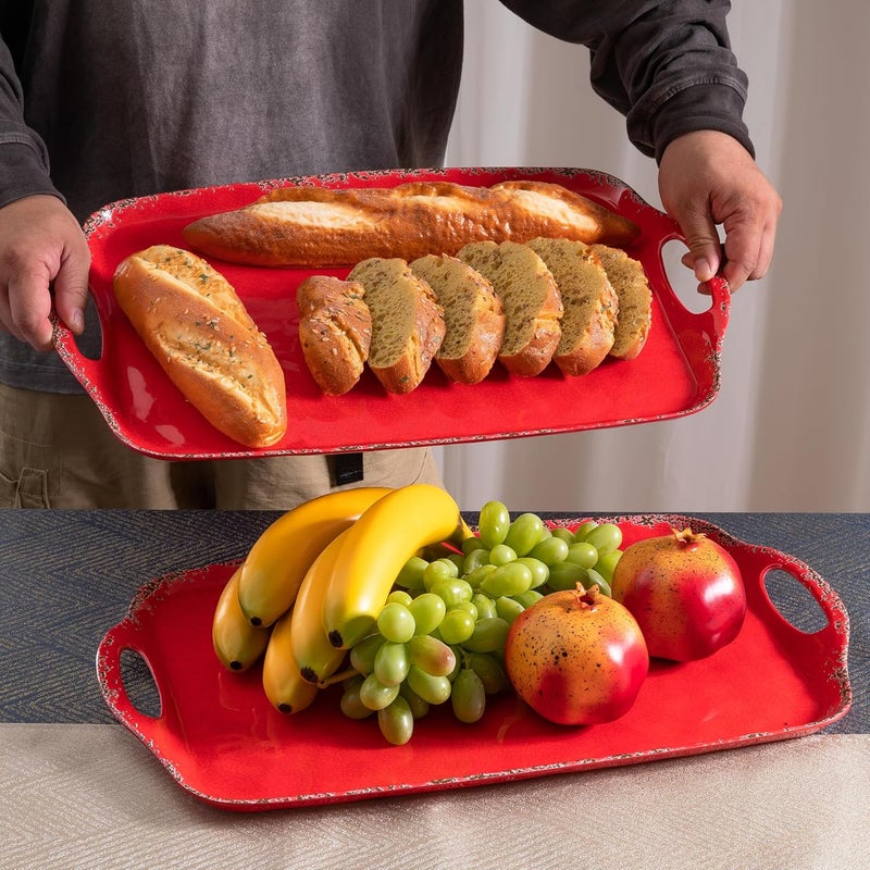 ZAROCRUS Christmas Large Melamine Serving Tray with Handle Crackled Rustic Rectangle Melamine Serving Platter for Serving Food Coffee Table Tray Entertaining  Party Use Set of 2 Christmas Red - Image 3