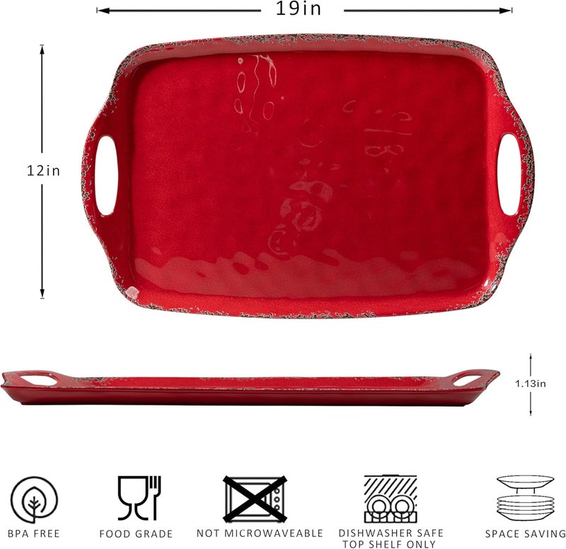 ZAROCRUS Christmas Large Melamine Serving Tray with Handle Crackled Rustic Rectangle Melamine Serving Platter for Serving Food Coffee Table Tray Entertaining  Party Use Set of 2 Christmas Red - Image 5