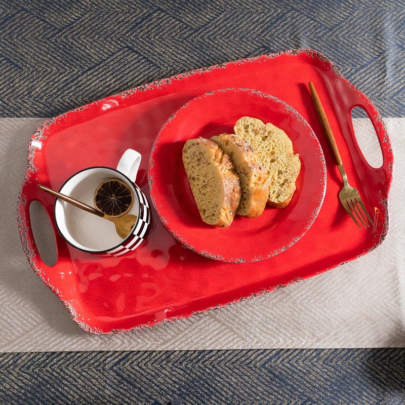 ZAROCRUS Christmas Large Melamine Serving Tray with Handle Crackled Rustic Rectangle Melamine Serving Platter for Serving Food Coffee Table Tray Entertaining  Party Use Set of 2 Christmas Red - Image 4