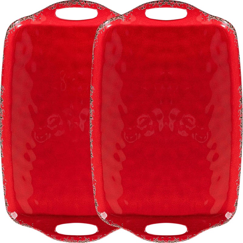 ZAROCRUS Christmas Large Melamine Serving Tray with Handle Crackled Rustic Rectangle Melamine Serving Platter for Serving Food Coffee Table Tray Entertaining  Party Use Set of 2 Christmas Red - Image 1