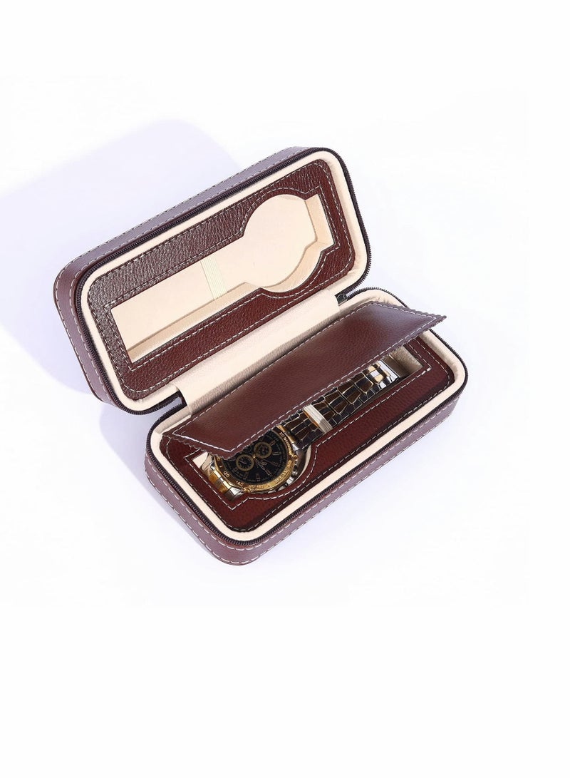 KASTWAVE Watch Storage Box, Travel Watch Case 2 Slots Leather Watch Box Portable Organizer for Home Storage, Travel, Display 1 Pcs (2 Watches Holder Brown) - Image 2