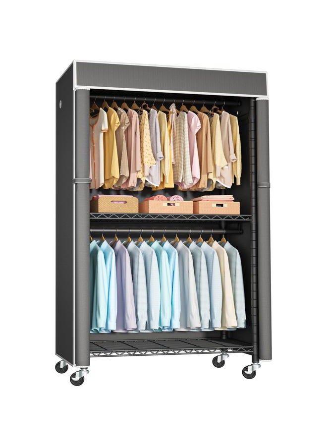 FUTASSI Black Clothing Rack with Dark Gray Cover, P1C Rolling Closets with Wheels, Metal Garment Rack for Hanging Clothes, Clothing Storage Wardrobe, 36.2" W x 16.5" D x 80.5" H, Load 450 Pounds - Image 1