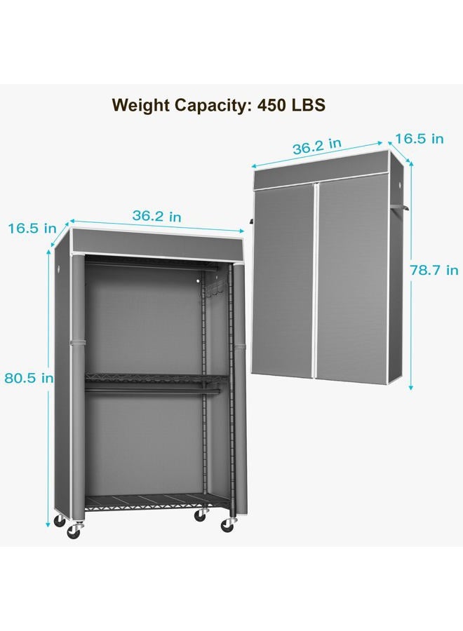FUTASSI Black Clothing Rack with Dark Gray Cover, P1C Rolling Closets with Wheels, Metal Garment Rack for Hanging Clothes, Clothing Storage Wardrobe, 36.2" W x 16.5" D x 80.5" H, Load 450 Pounds - Image 3