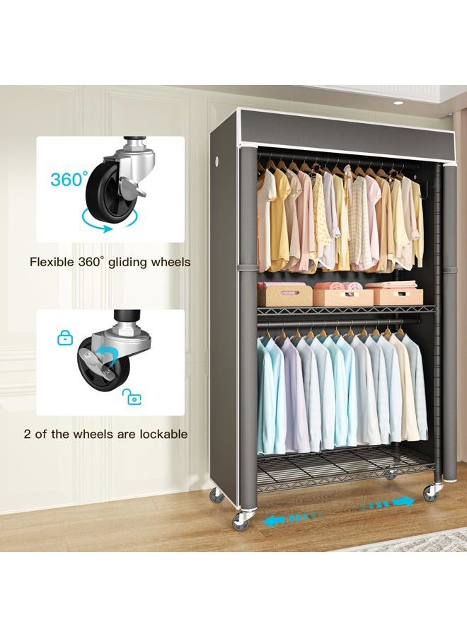 FUTASSI Black Clothing Rack with Dark Gray Cover, P1C Rolling Closets with Wheels, Metal Garment Rack for Hanging Clothes, Clothing Storage Wardrobe, 36.2" W x 16.5" D x 80.5" H, Load 450 Pounds - Image 4