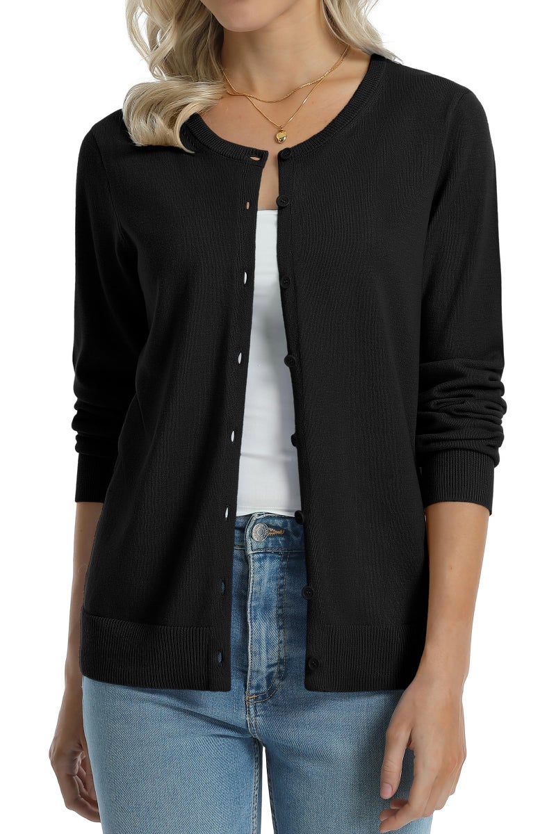 QUALFORT Women's 100% Cotton Cardigans Soft Lightweight Long Sleeve Knitted Crewneck Button Down Sweater Black Medium - Image 4