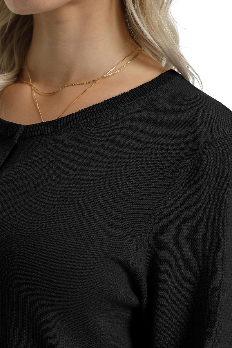 QUALFORT Women's 100% Cotton Cardigans Soft Lightweight Long Sleeve Knitted Crewneck Button Down Sweater Black Medium - Image 5