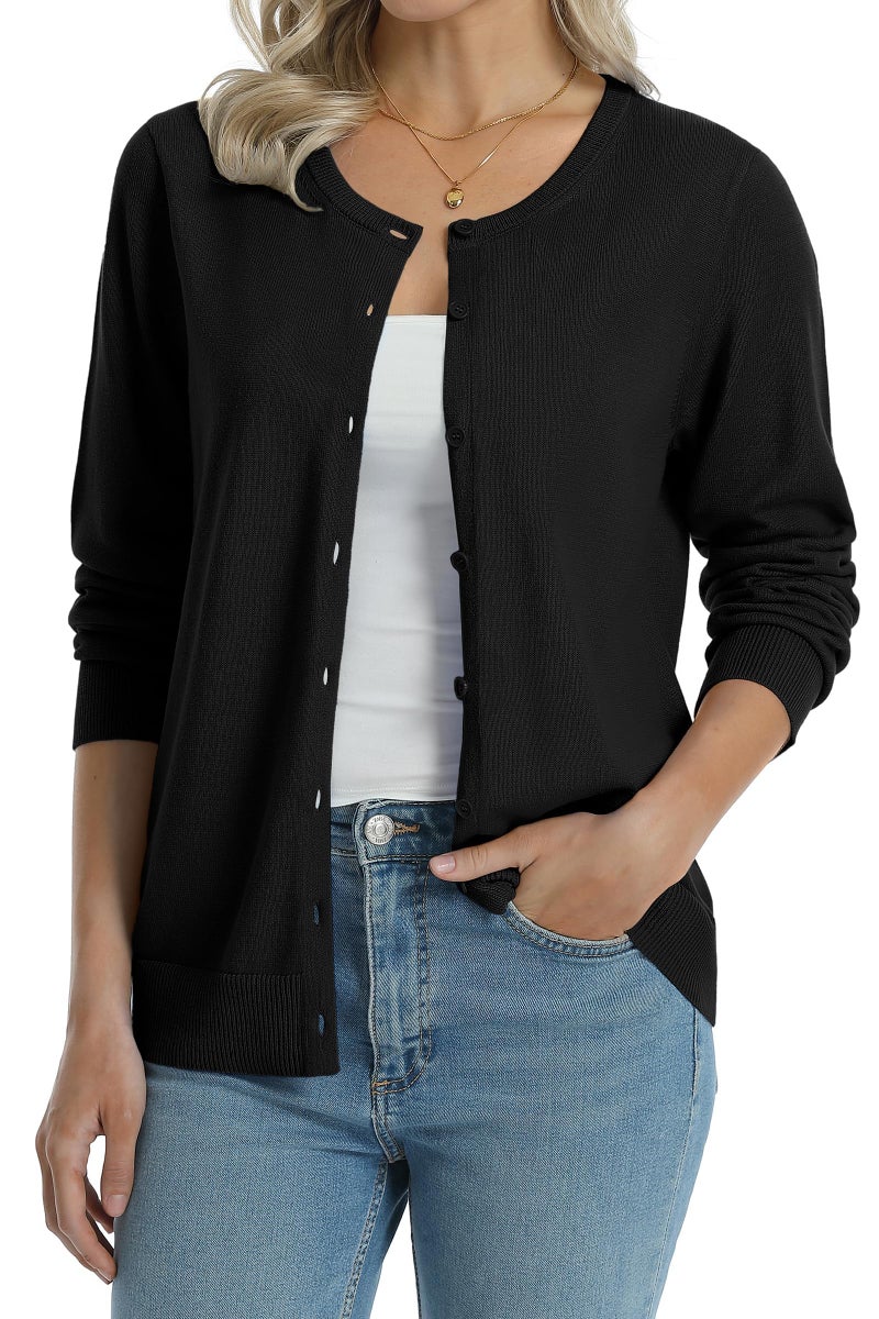 QUALFORT Women's 100% Cotton Cardigans Soft Lightweight Long Sleeve Knitted Crewneck Button Down Sweater Black Medium - Image 1