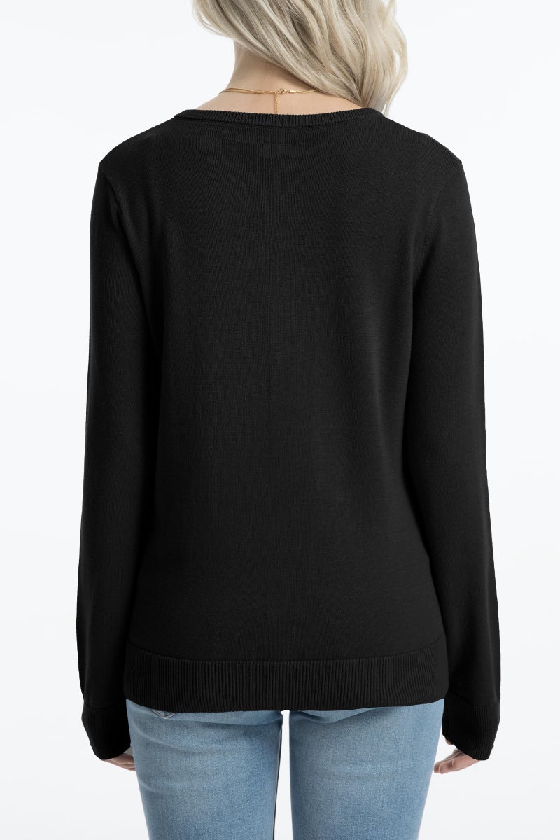 QUALFORT Women's 100% Cotton Cardigans Soft Lightweight Long Sleeve Knitted Crewneck Button Down Sweater Black Medium - Image 2