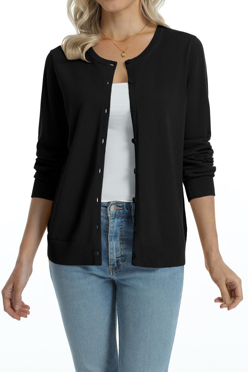 QUALFORT Women's 100% Cotton Cardigans Soft Lightweight Long Sleeve Knitted Crewneck Button Down Sweater Black Medium - Image 3