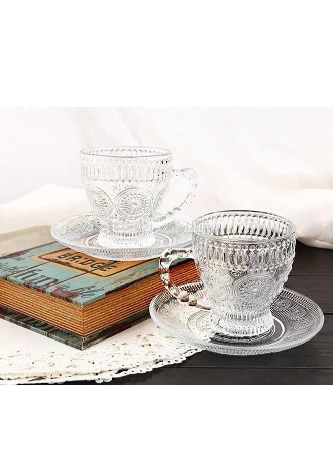 Tea Cups and Saucers Set of 6 200ml, Glass Turkish Coffee Cup With Embossed Trim for Cappuccino, Latte, Mocha, Au Lait, Double Espresso - Image 5