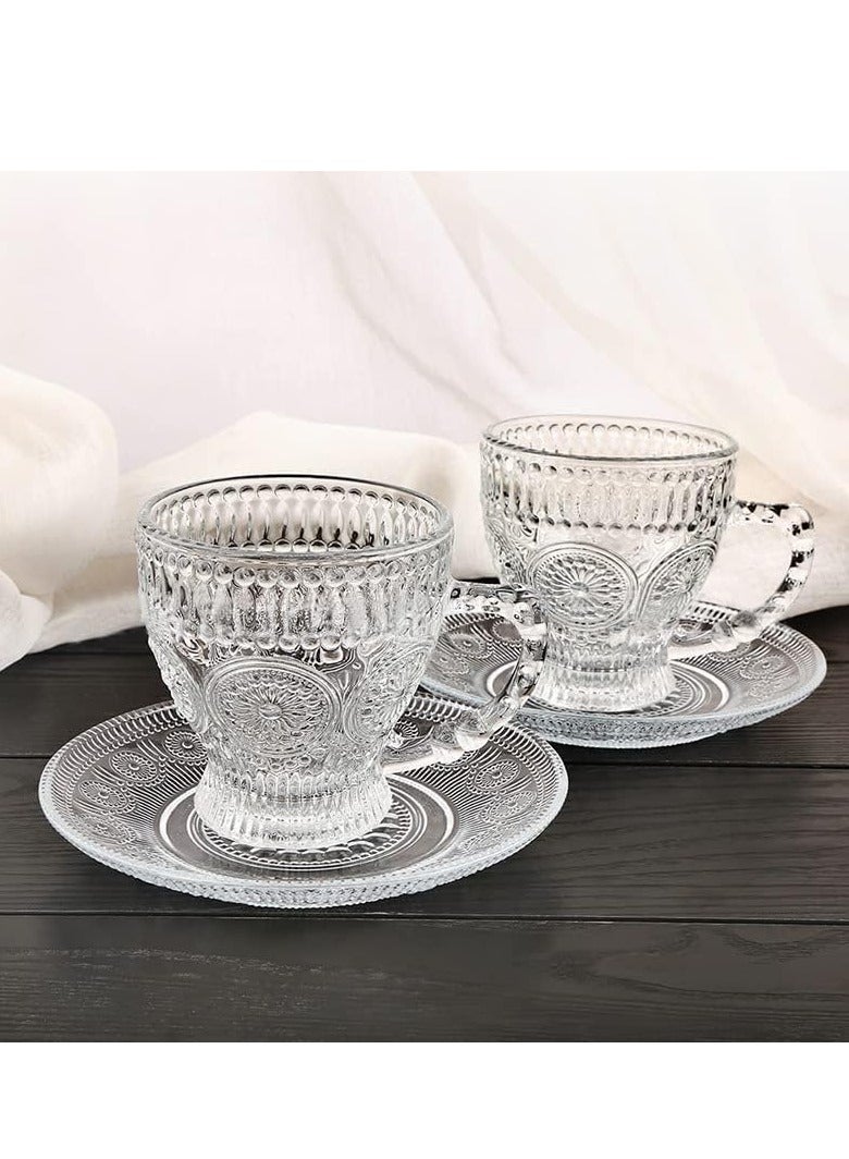 Tea Cups and Saucers Set of 6 200ml, Glass Turkish Coffee Cup With Embossed Trim for Cappuccino, Latte, Mocha, Au Lait, Double Espresso - Image 3