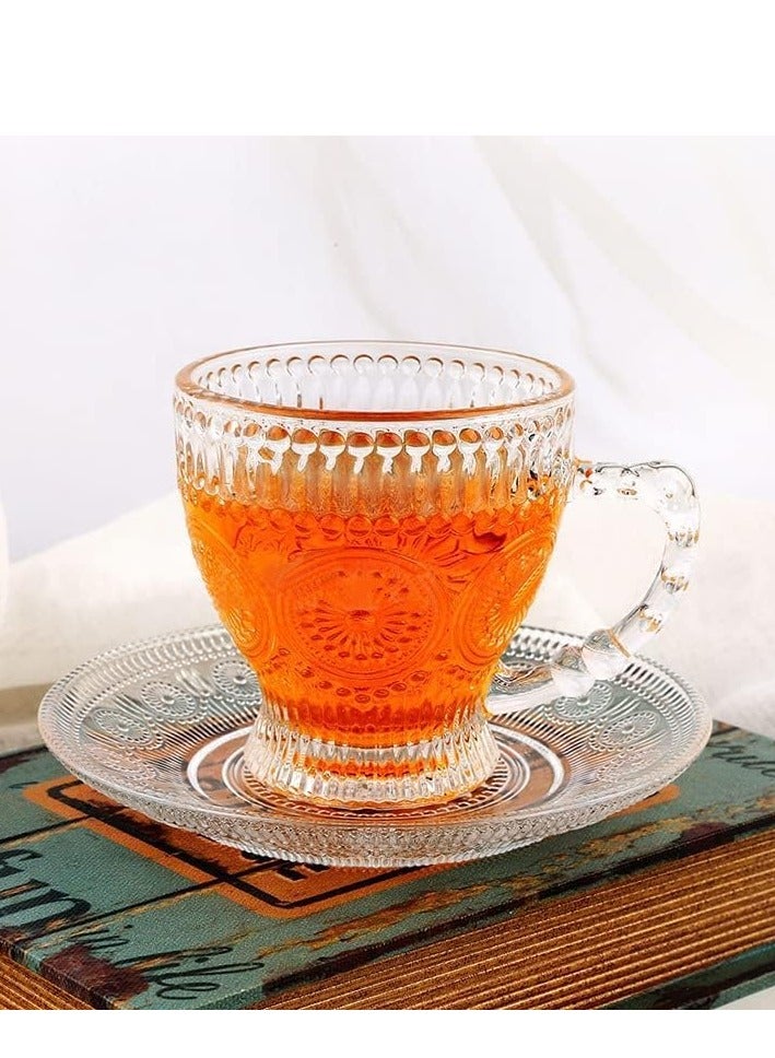 Tea Cups and Saucers Set of 6 200ml, Glass Turkish Coffee Cup With Embossed Trim for Cappuccino, Latte, Mocha, Au Lait, Double Espresso - Image 4
