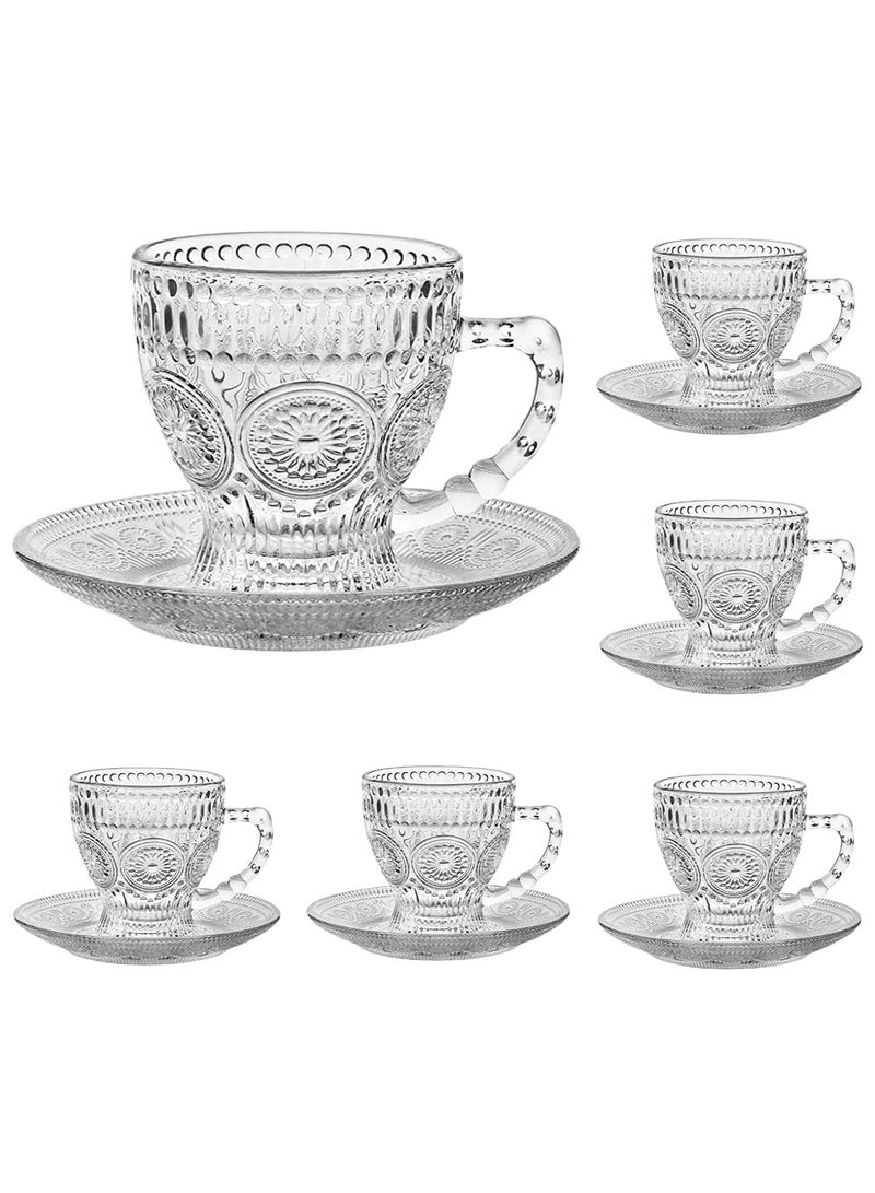 Tea Cups and Saucers Set of 6 200ml, Glass Turkish Coffee Cup With Embossed Trim for Cappuccino, Latte, Mocha, Au Lait, Double Espresso - Image 1