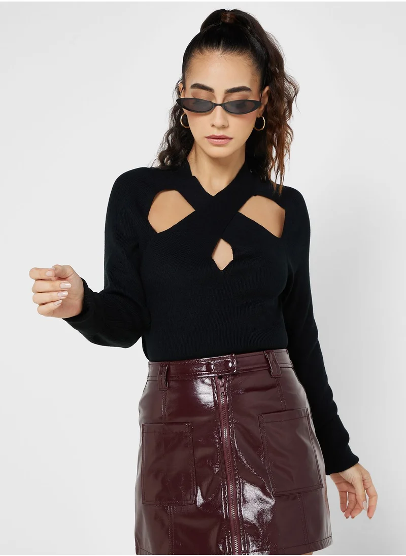 BRAVE SOUL Raglan Cross Front Cut Out Sweater