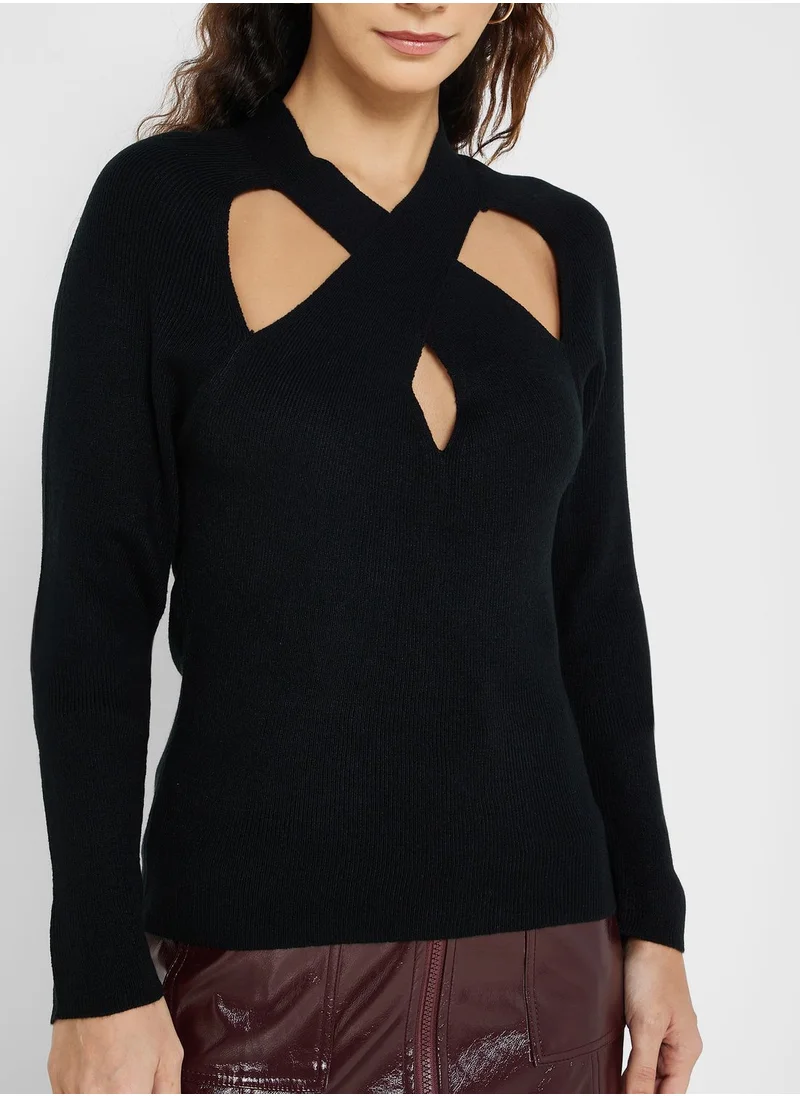 BRAVE SOUL Raglan Cross Front Cut Out Sweater