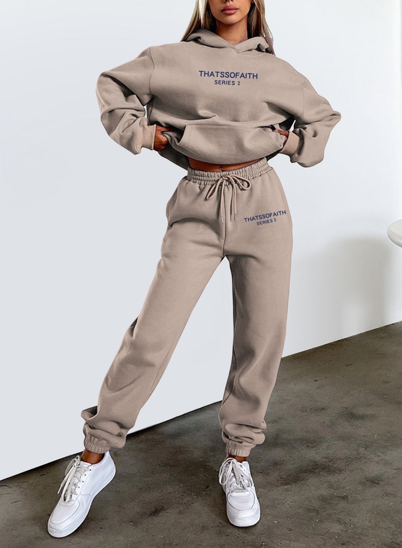 NIBEMINENT Letter Print Casual Two-piece Set, Drawstring Hooded Tops & Drawstring Jogger Pants Outfits, Women's Clothing  - Image 1