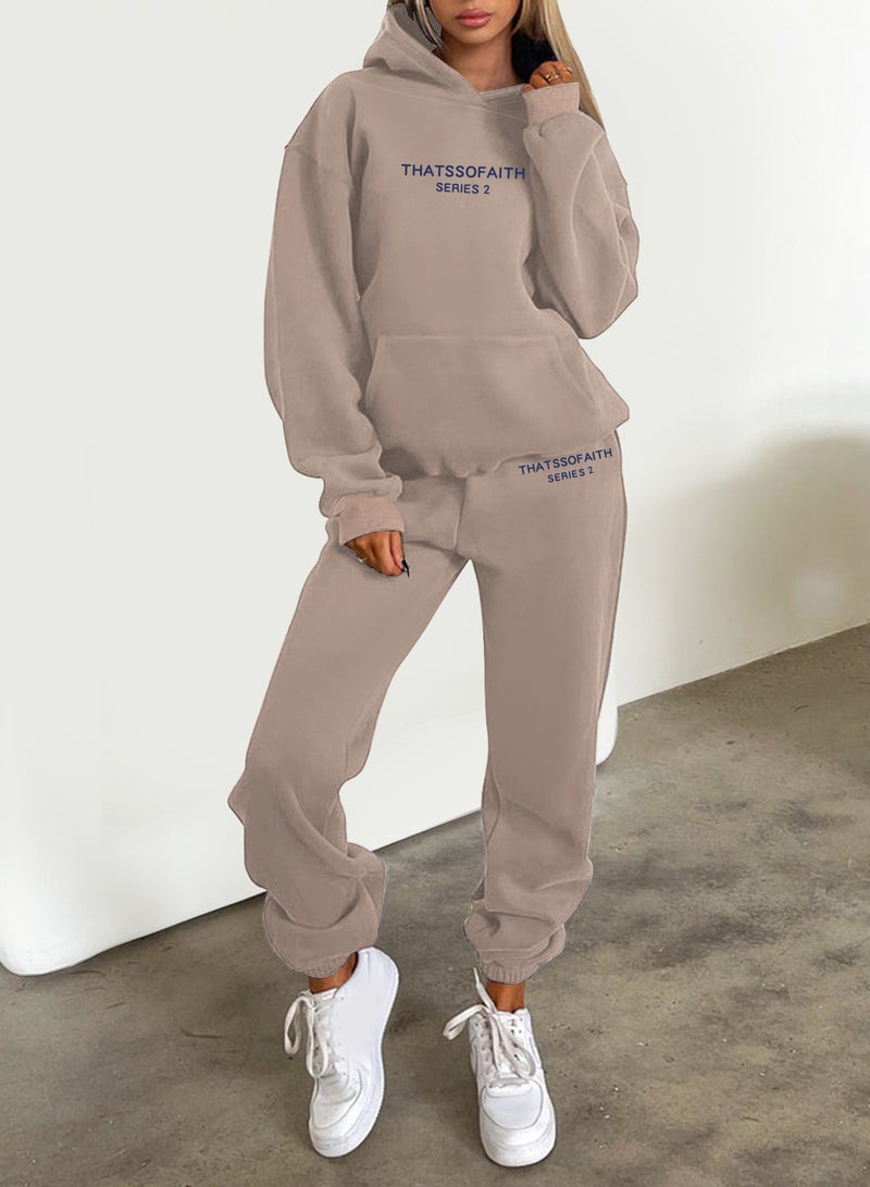 NIBEMINENT Letter Print Casual Two-piece Set, Drawstring Hooded Tops & Drawstring Jogger Pants Outfits, Women's Clothing  - Image 2