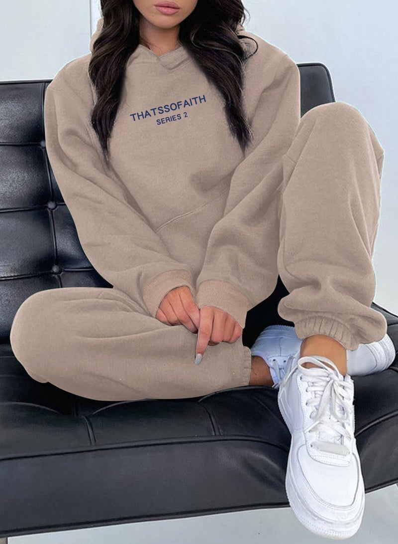 NIBEMINENT Letter Print Casual Two-piece Set, Drawstring Hooded Tops & Drawstring Jogger Pants Outfits, Women's Clothing  - Image 4