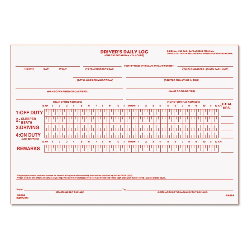 Rediform 6K681 Driver's Daily Log 5 1/2 x 7 7/8 Duplicate with Carbons 31 Sets/Book - Image 1
