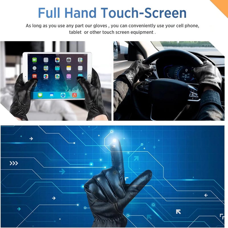 Alepo Genuine Sheepskin Leather Gloves for Men - Winter Warm Touchscreen Texting Cashmere Lined Driving Gloves, Black, Size L - Image 4