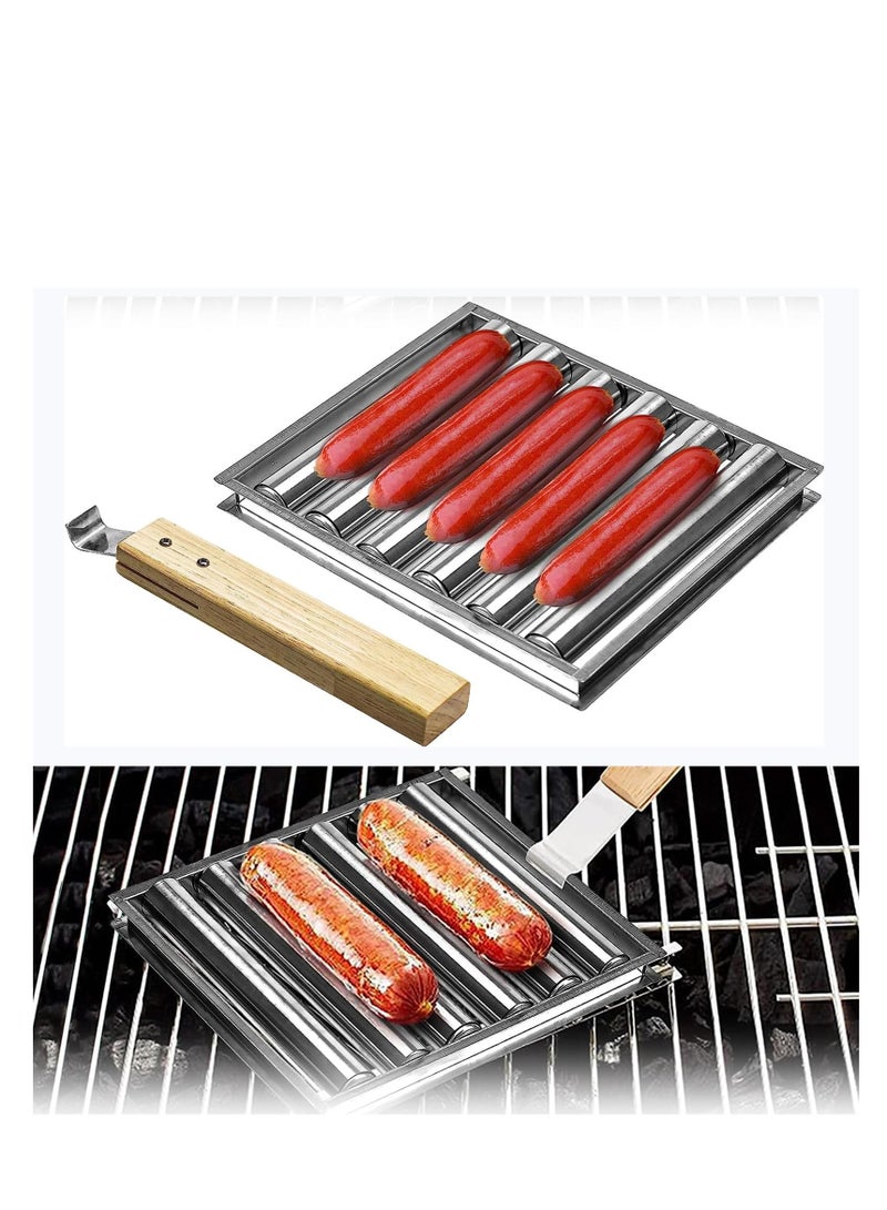 Excefore Barbecue Sausage Roller Grill, Hot Dog Roller, BBQ Hot Dog Griller Rack, Stainless Steel Hot Dog Roller Griller Rack, with Wood Handle Evenly Cooked for Hot Dog Sausages - Image 1