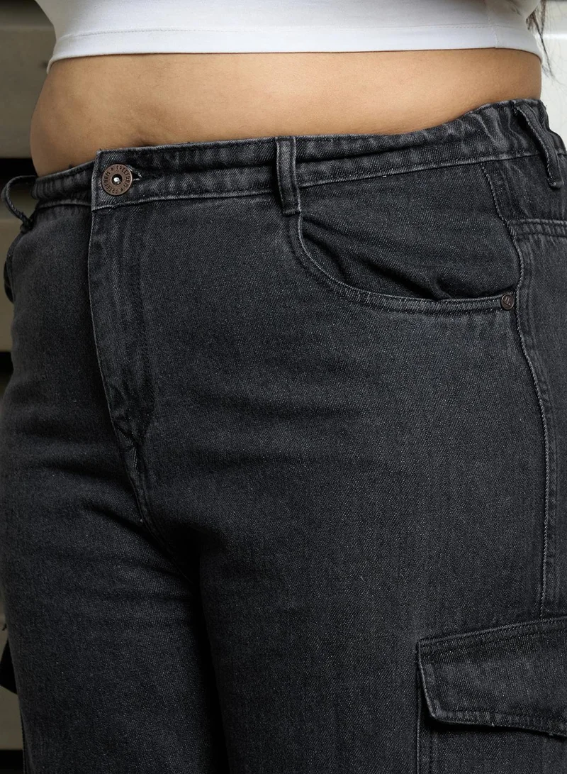 هاي ستار Women's Black 100% Cotton Bleached Full Length Cargo Baggy Jeans