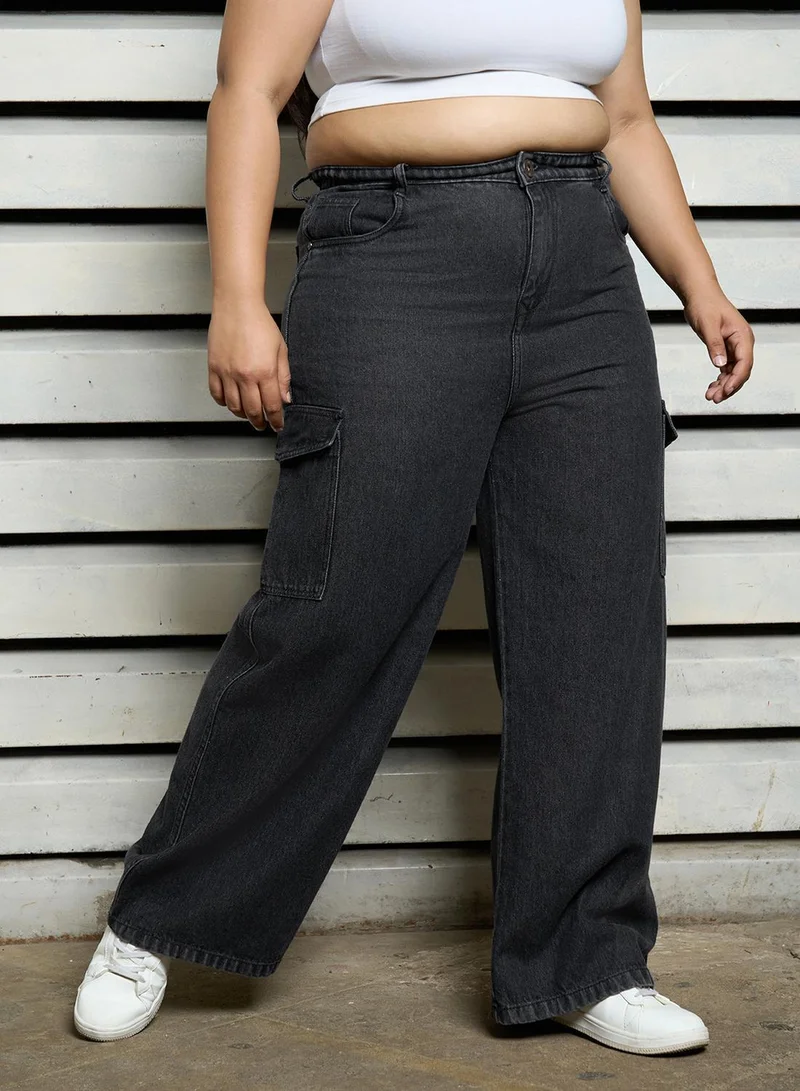 هاي ستار Women's Black 100% Cotton Bleached Full Length Cargo Baggy Jeans