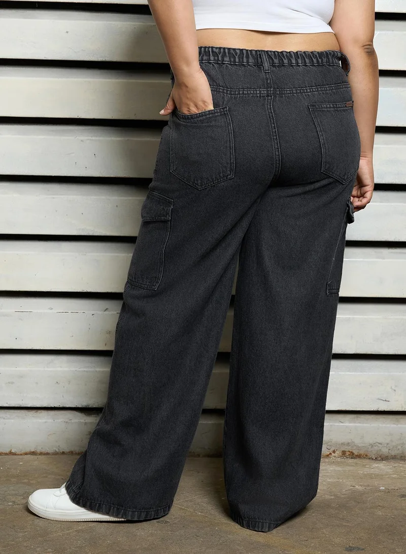 هاي ستار Women's Black 100% Cotton Bleached Full Length Cargo Baggy Jeans