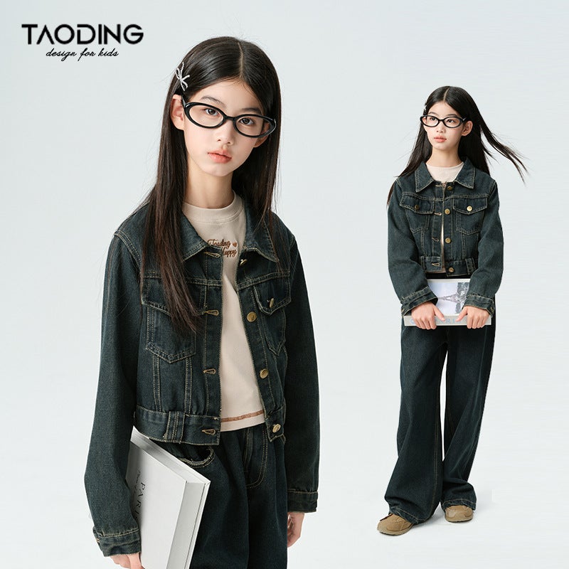 Amoy Nostalgic Tannin Vintage Washed Big Girl'S Denim Coat Casual Laps Jacket Small - Image 2