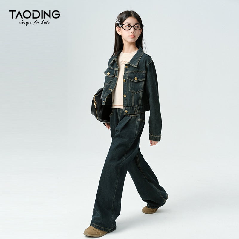 Amoy Nostalgic Tannin Vintage Washed Big Girl'S Denim Coat Casual Laps Jacket Small - Image 3