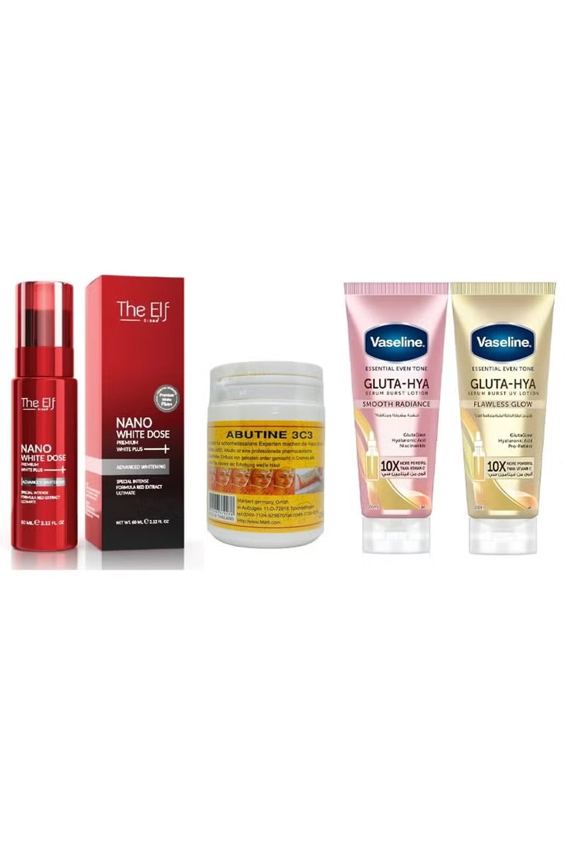 The Elf Nano White Dose Premium White Plus Serum 60ml &Abutine 3C3 Skin Whitening Cream 250gm & Gluta-Hya Serum Burst Lotion Smooth Radiance - Flawless Glow Pack of 2 - Set